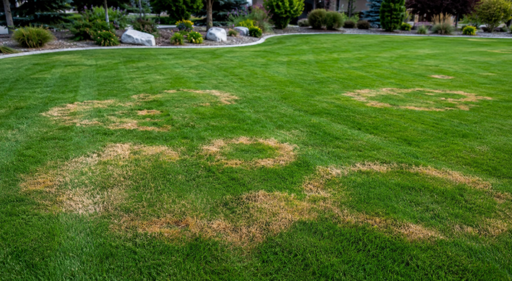 Circular brown patches showing possible fungal disease in a lawn